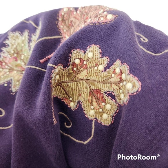 Vtg 90s Purple Embroidered Leaf Sweatshirt Cottagecore Fall Nature Crewneck Med - Picture 3 of 7